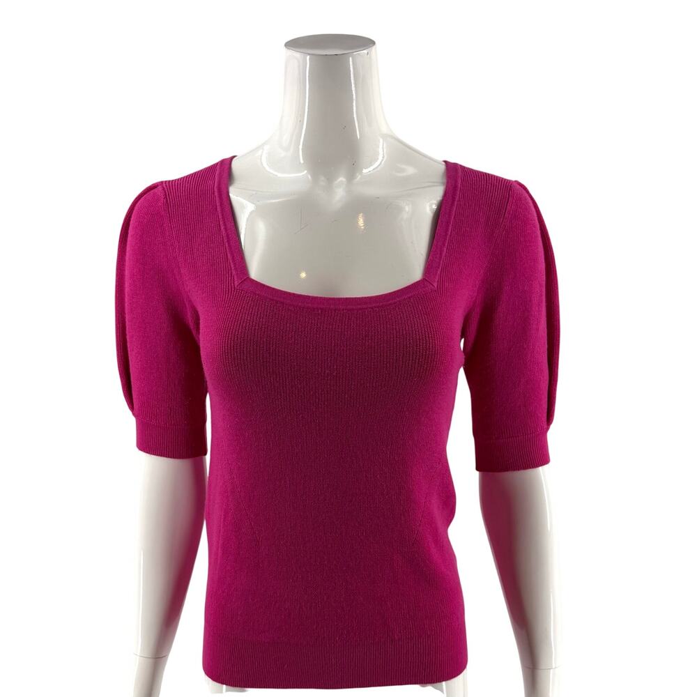 Tahari Womens Puff Sleeve Sweater Size Small Fuchsia Pink Ribbed Square Neck